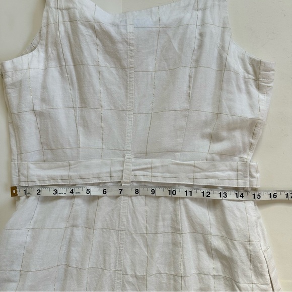 Liz Claiborne Summer White Plaid Metallic Gold Linen Blend Belted Dress Size 4 - Picture 6 of 13